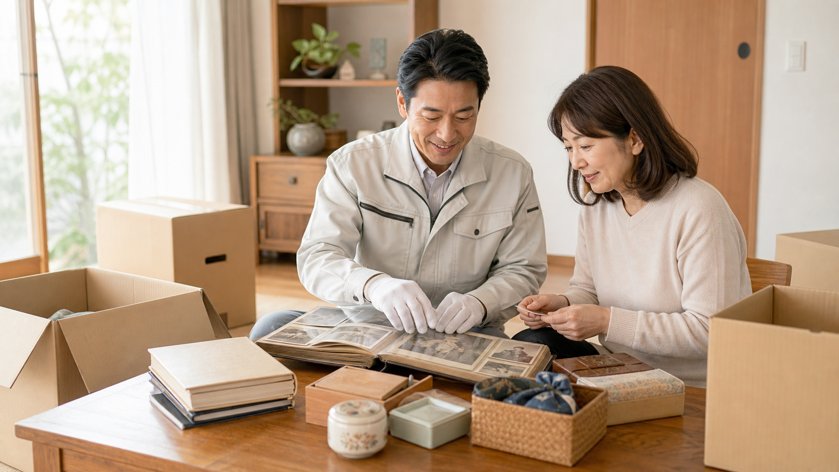 遺品整理スタッフとご家族が写真や思い出の品を確認している様子