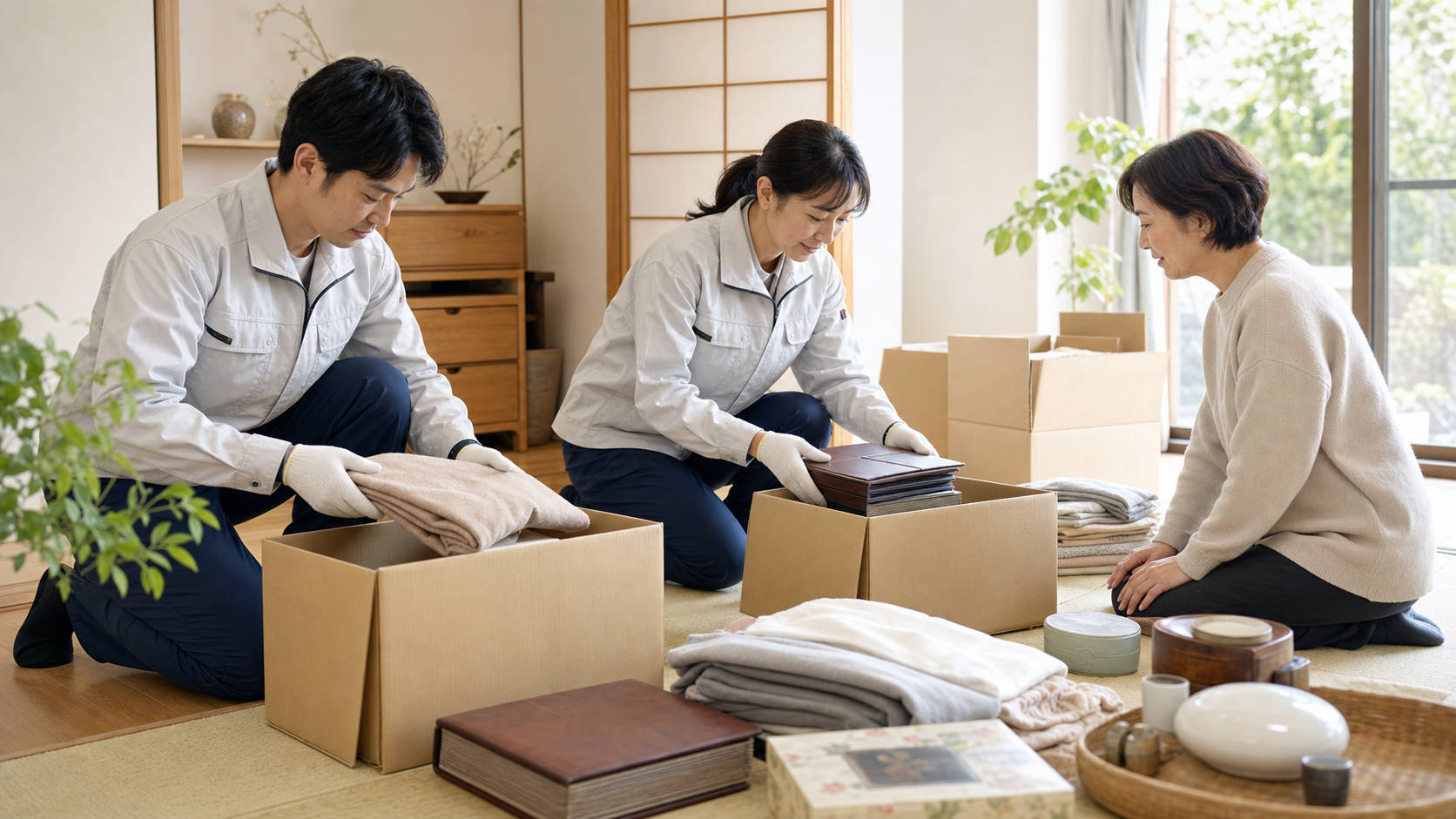 遺品整理スタッフが衣類やアルバムを丁寧に仕分けている様子