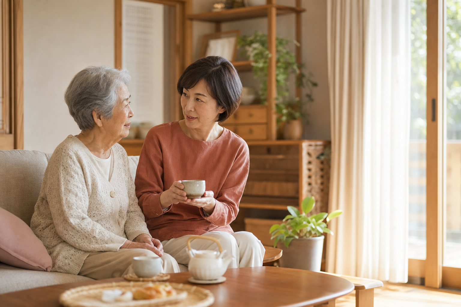 自宅の居間で高齢の母親と中年女性が穏やかに会話している様子