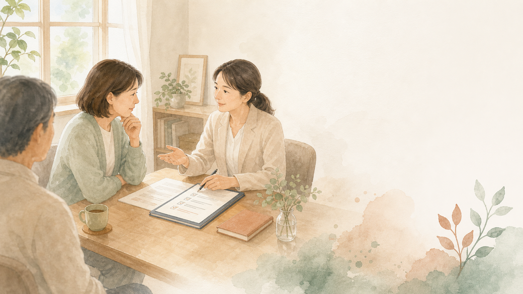 窓辺で家族の話を聴く相談員のイラスト